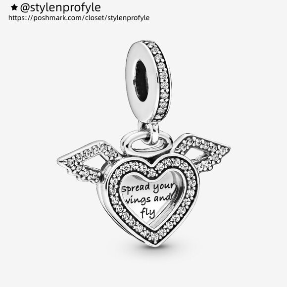 Pandora Heart and Angel Wings Dangle Charm - Picture 1 of 3